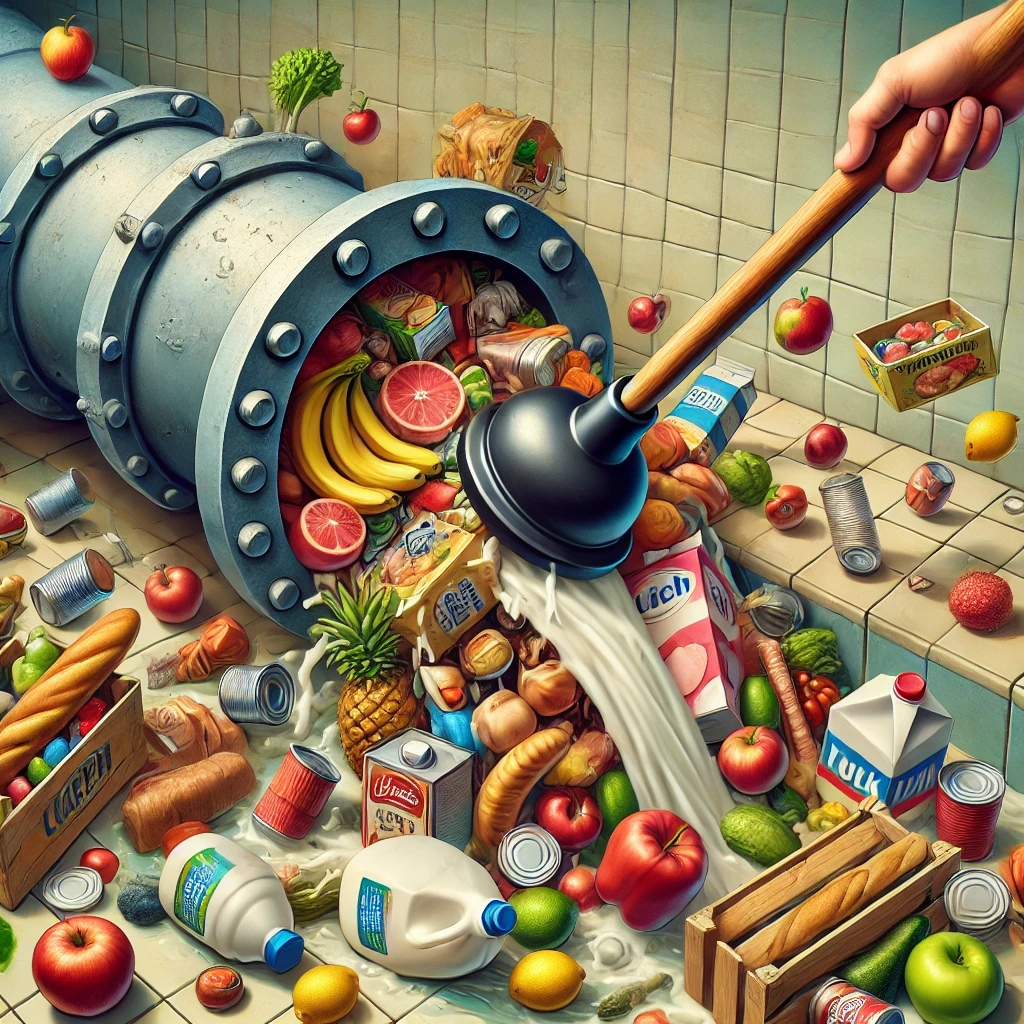 Illustration of a large plunger forcing grocery items like fruits, vegetables, and milk cartons into a massive industrial drain pipe, representing the concept of Force-Fed Scrum.