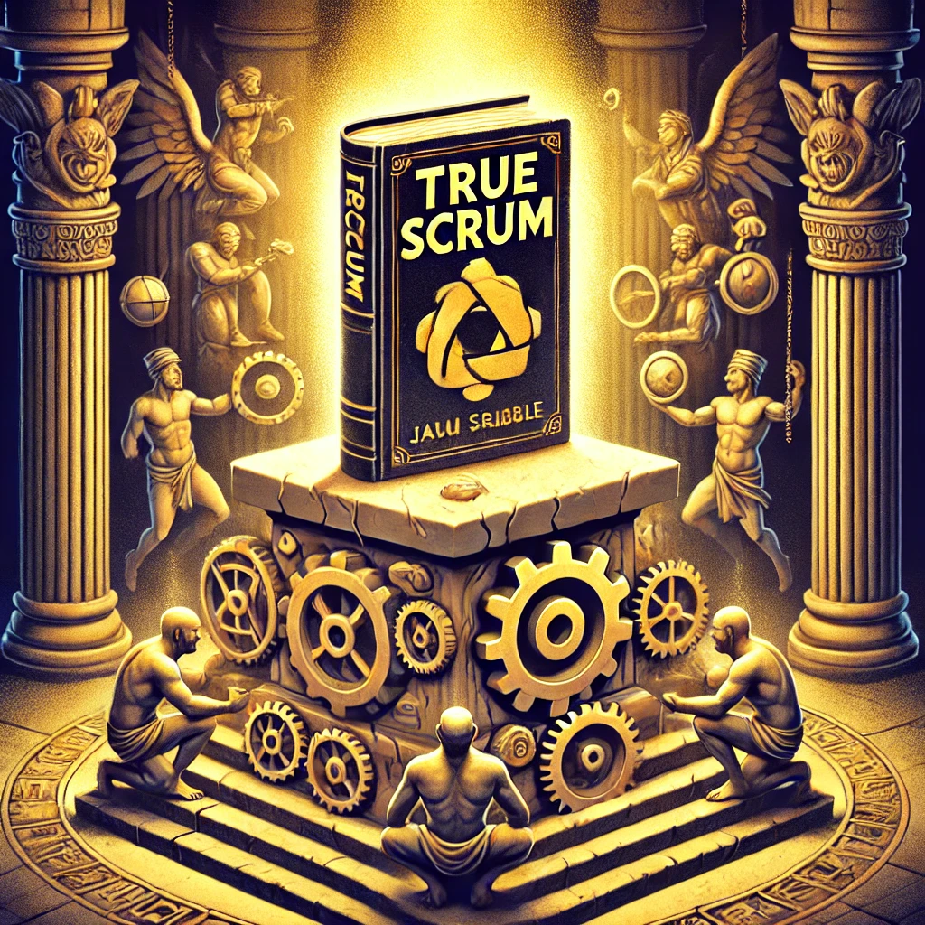 Illustration of a book titled 'True Scrum' placed on a symbolic altar surrounded by gears, symbolizing rigid adherence to process, contrasted with elements of creativity and adaptability.